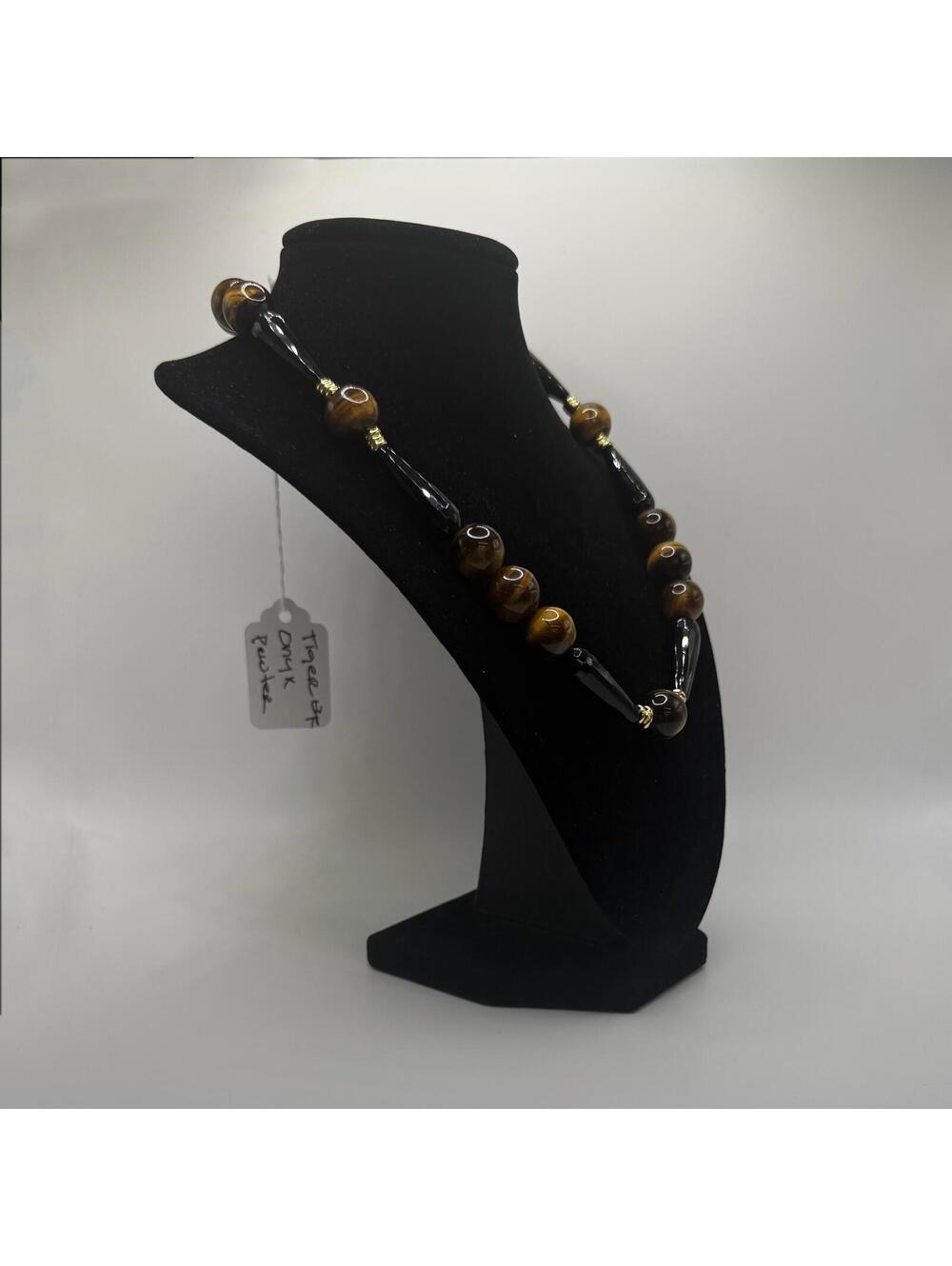Jewelry By GG Brown and Gold Tiger Eye Onyx with Rhinestones 9" Beaded Necklace - Picture 2 of 3